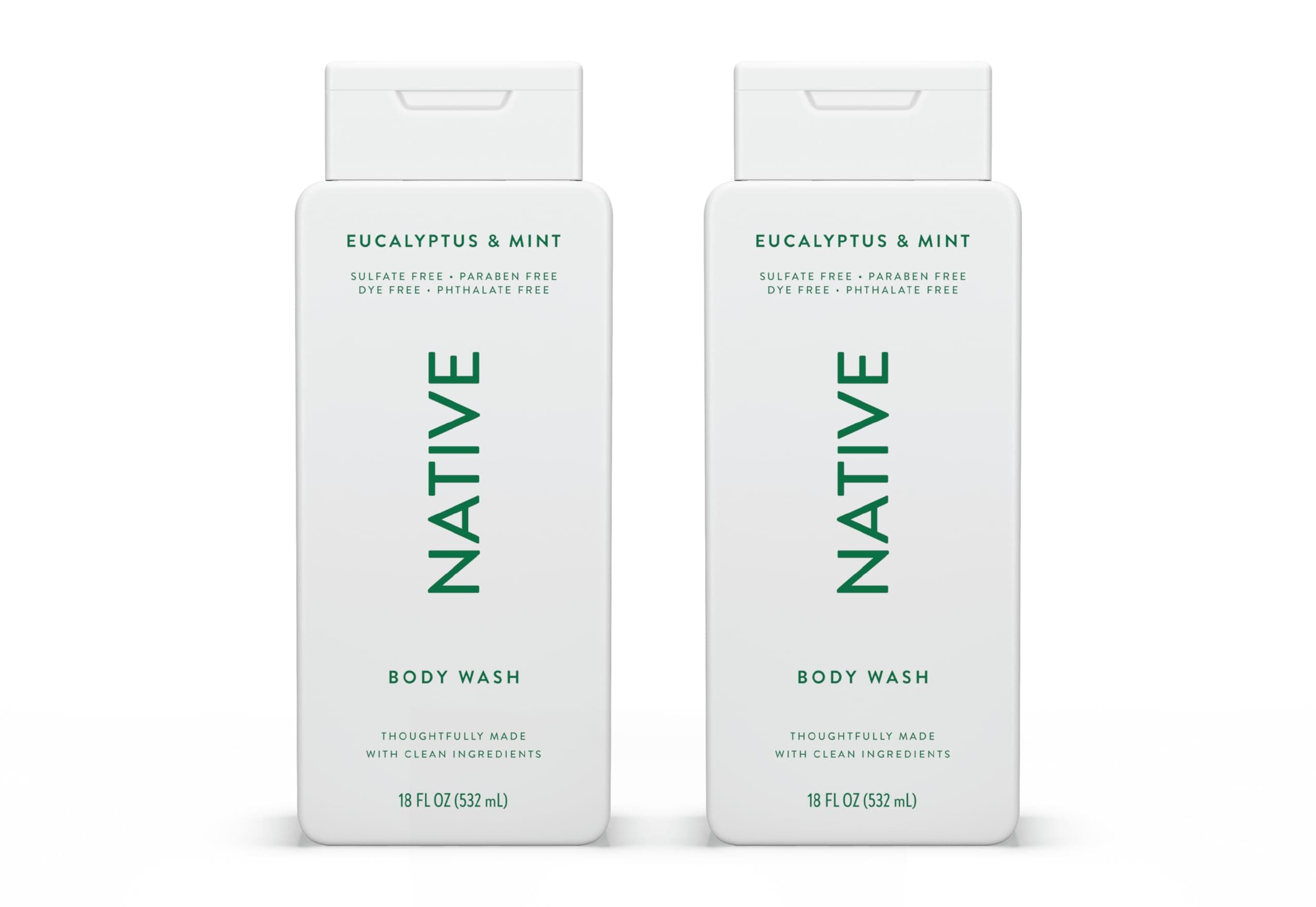 Native Body Wash Natural Body Wash for Women, Men | Sulfate Free, Paraben Free, Dye Free, with Naturally Derived Clean Ingredients Leaving Skin Soft and Hydrating, Eucalyptus & Mint 18 oz - 2 Pk