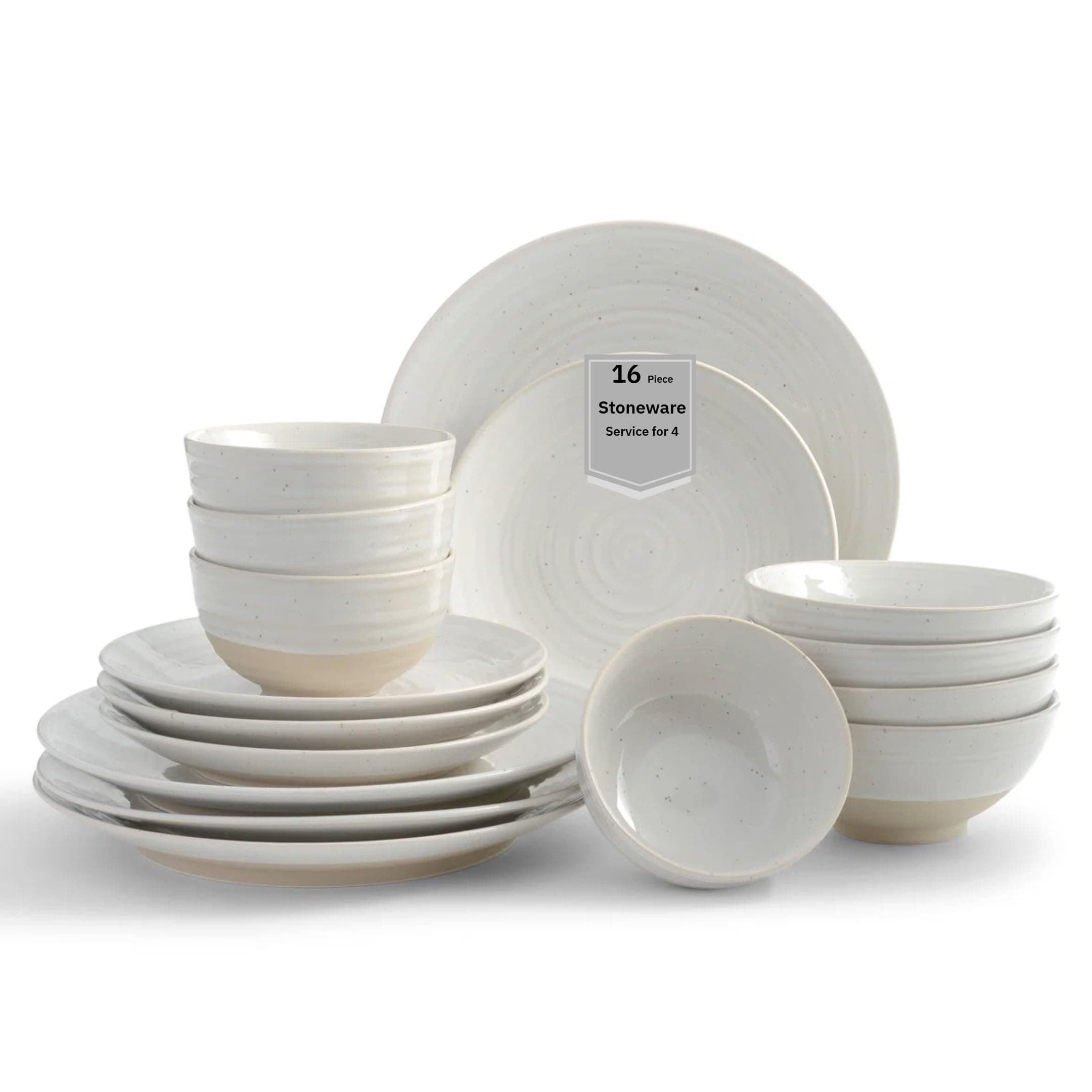 Siterra 16-Piece Rustic White Stoneware Dinnerware Set – Service for 4, White with Glossy Speckle Overlay, for Everyday Dining & Entertainment, Microwave & Dishwasher Safe