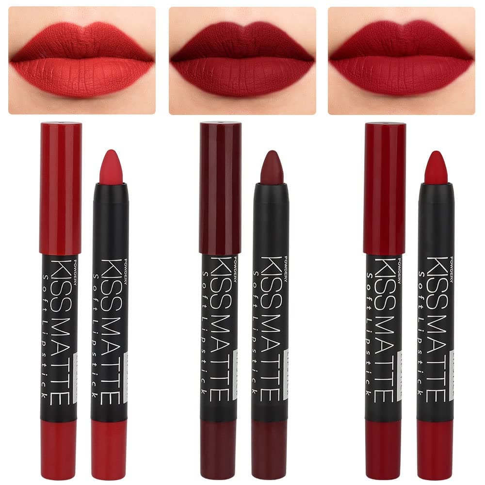 evpct 3Pcs Dark Red Lip Liner Pencil Set, Deep Ruby Red Matte Lipstick Long L...