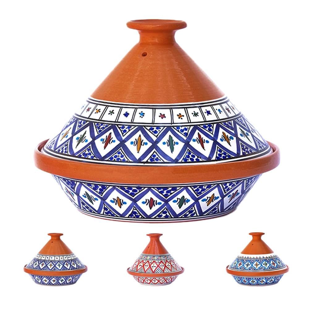 Kamsah Tagine Pot for Cooking and Flavor Enrichment - Medium Clay Pot 10”, 3.1 QT - Non-Stick Handmade Cookware - Moroccan Ceramic Pots for Cooking with Lid & Serving Bowl - Bohemian Supreme Blue