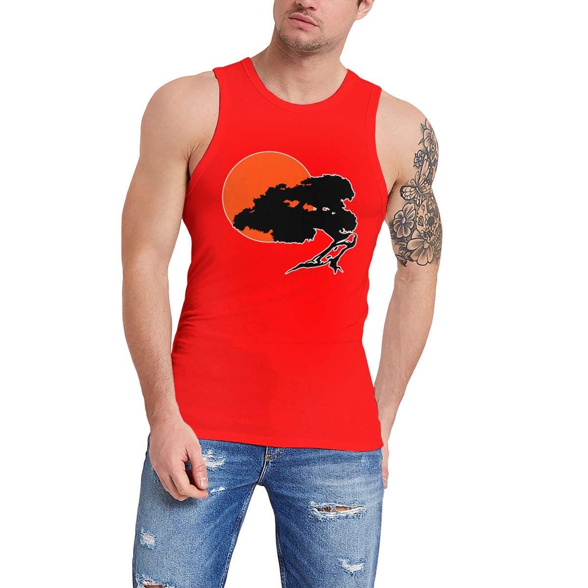 Bonsai Tree Mens Popular Sleeveless Tank Top Summer Sport Gym Tees (Red, L)