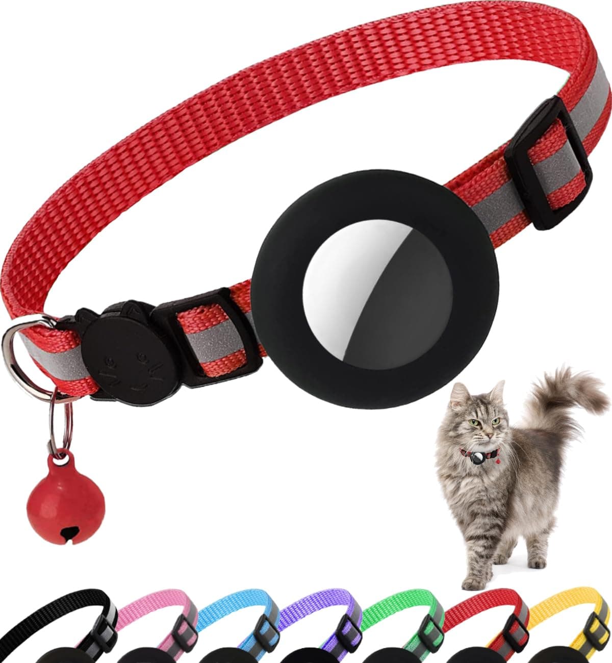 Airtag Cat Collar Breakaway, Reflective Kitten Collar with Apple Air Tag Holder and Bell for Girl Boy Cats, 0.4 Inches in Width and Lightweight (Red)