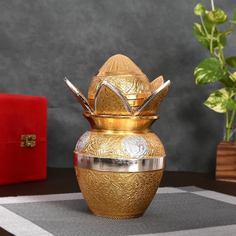Jaipur Ace Gold and Silver Plated Mangal Pooja Kalash with Coconut and Leaves with Royal Velvet Box (Pack of 1)