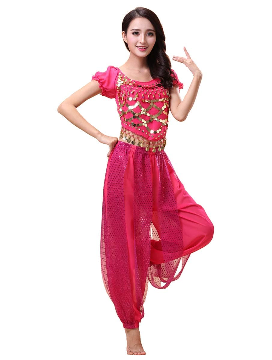 Bollywood Indian Princess Theme Belly Dance 2-Piece Costume Set Outfit for Women Girls with top and Pants