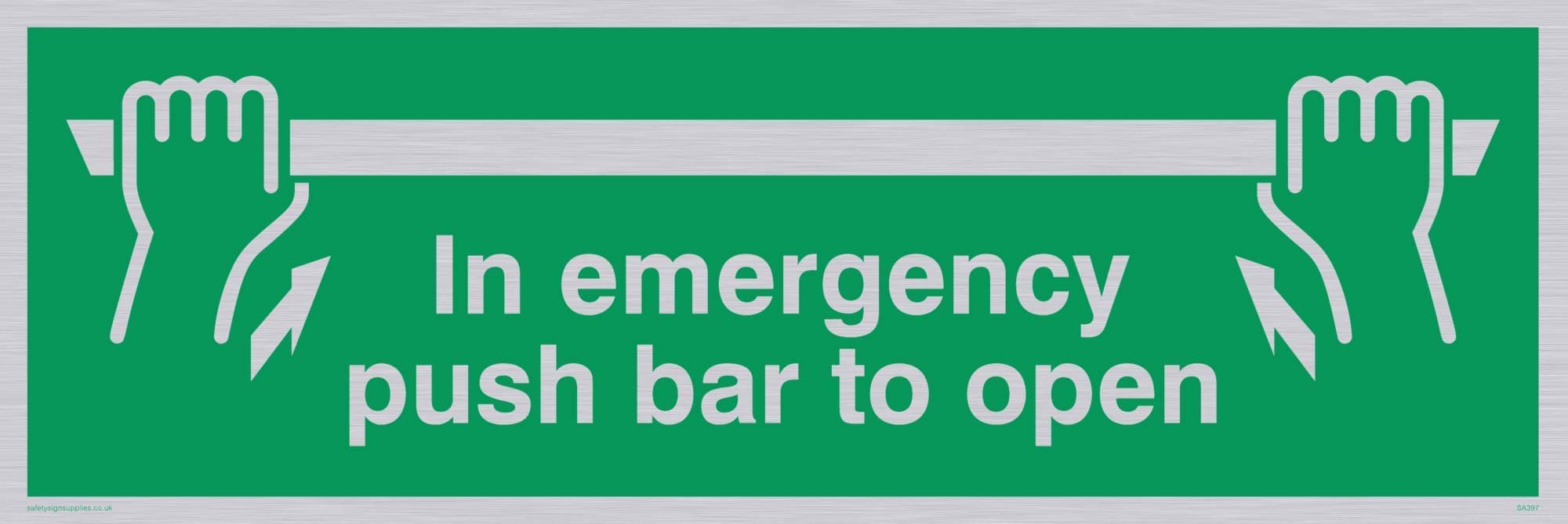 Viking Signs SA397-L31-S "In Emergency Push Bar To Open" Sign, Rigid Silver Plastic, 100 mm H x 300 mm W