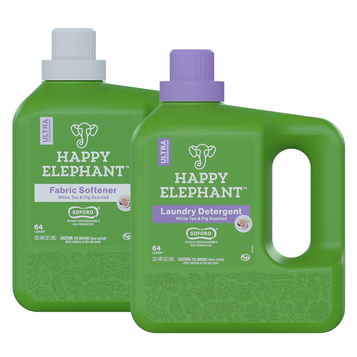 Happy Elephant Liquid Laundry Bundle, White Tea & Fig Scent, Natural Laundry Detergent & Fabric Softener, Plant Based, Stain Remover & Fabric Conditioner, Gentle on Skin, 64 Fl Oz Each, 2 Pack