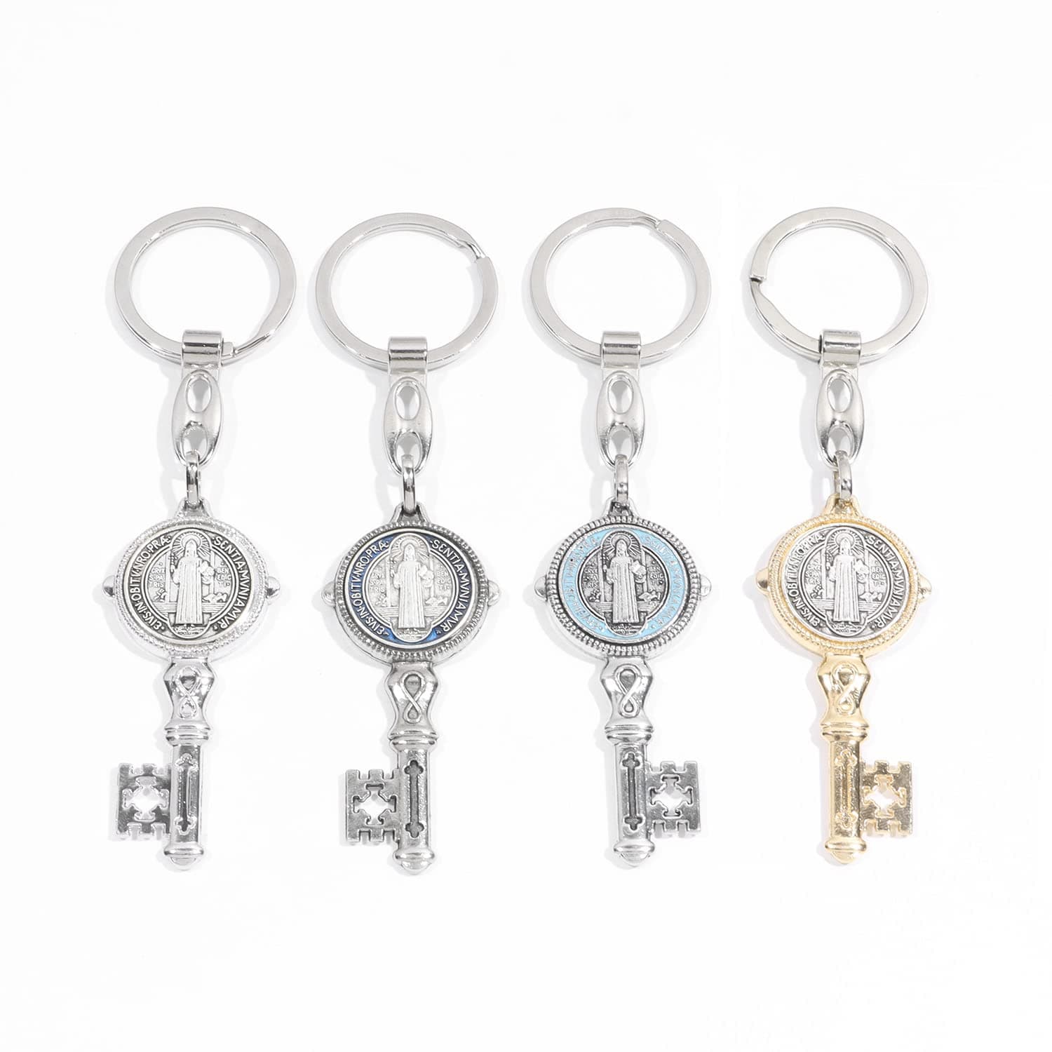 4Pcs Saint Benedict Medal Keychain, St Benedict Medals Key Chain, Saint Benedict Jubilee Medal, Cross Protection Key Shaped Keychain, Exorcism Medal Christian Sacramental Medal Keyring
