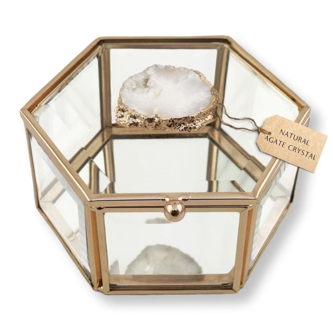 Nikita By Niki Luxury Glass Jewellery Box - Hexagonal Gold Glass Box - Natural Agate Crystal Lid - Practical Jewellery Organiser - MirroredBox for Women
