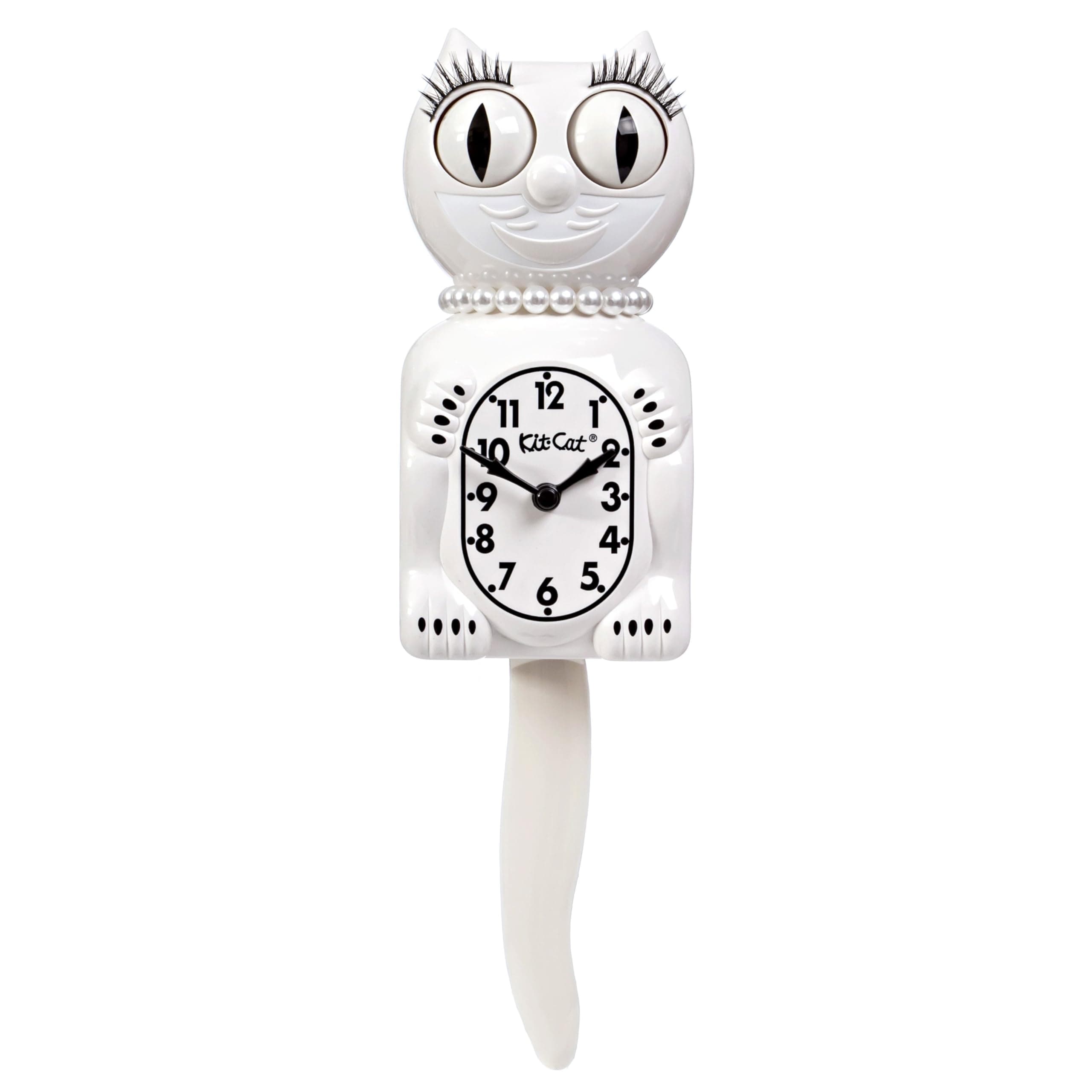 Kit-Cat Klock Limited Edition White Lady with Pearl Necklace & Eyelashes - Cat Clock with Moving Eyes and Tail Wall Clock, Made in USA