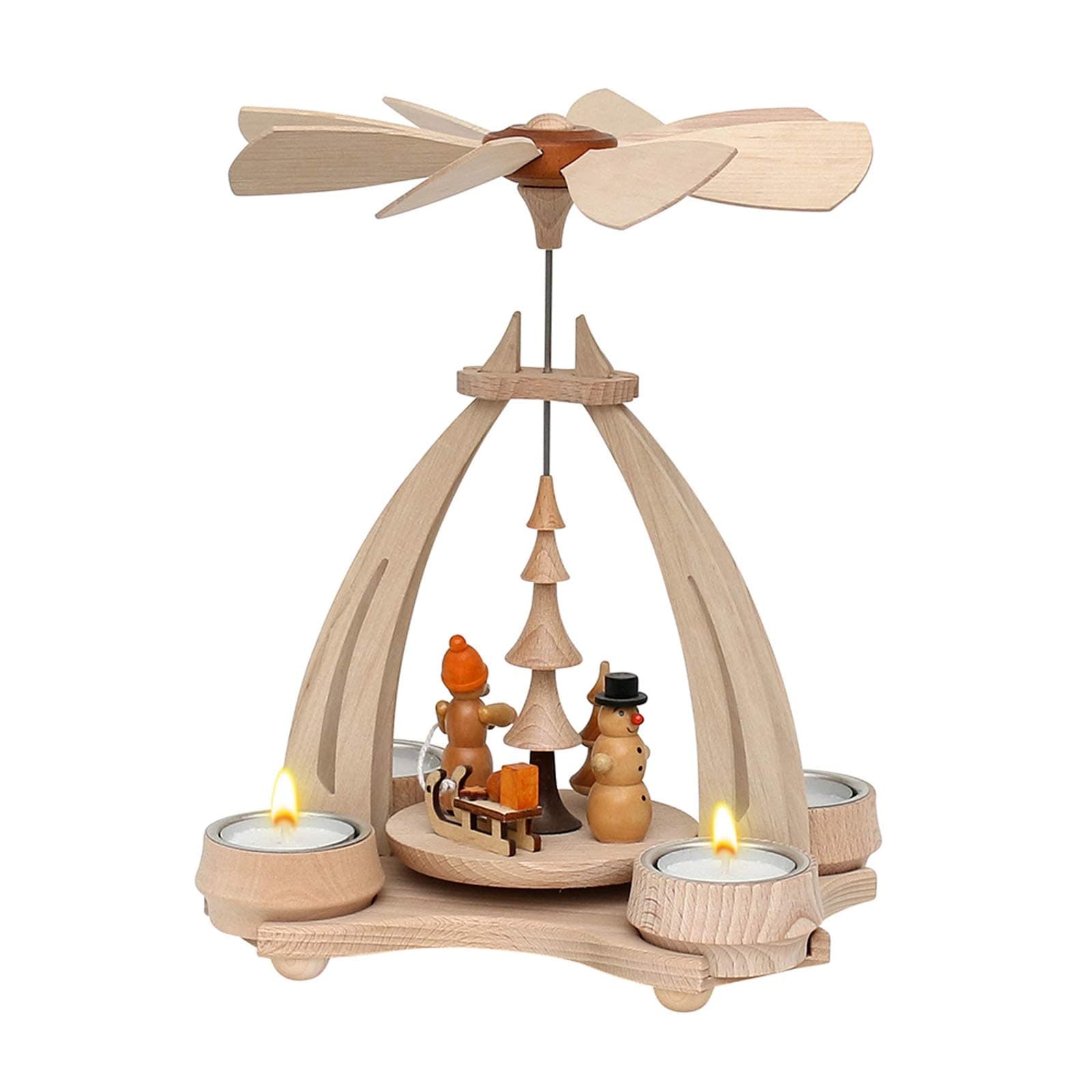 Sigro Erzgebirges Wooden Table Pyramid with SM and WM Children Figure for 4 Tealights, 24 x 18 x 14 cm, Wood, Beige, One Size
