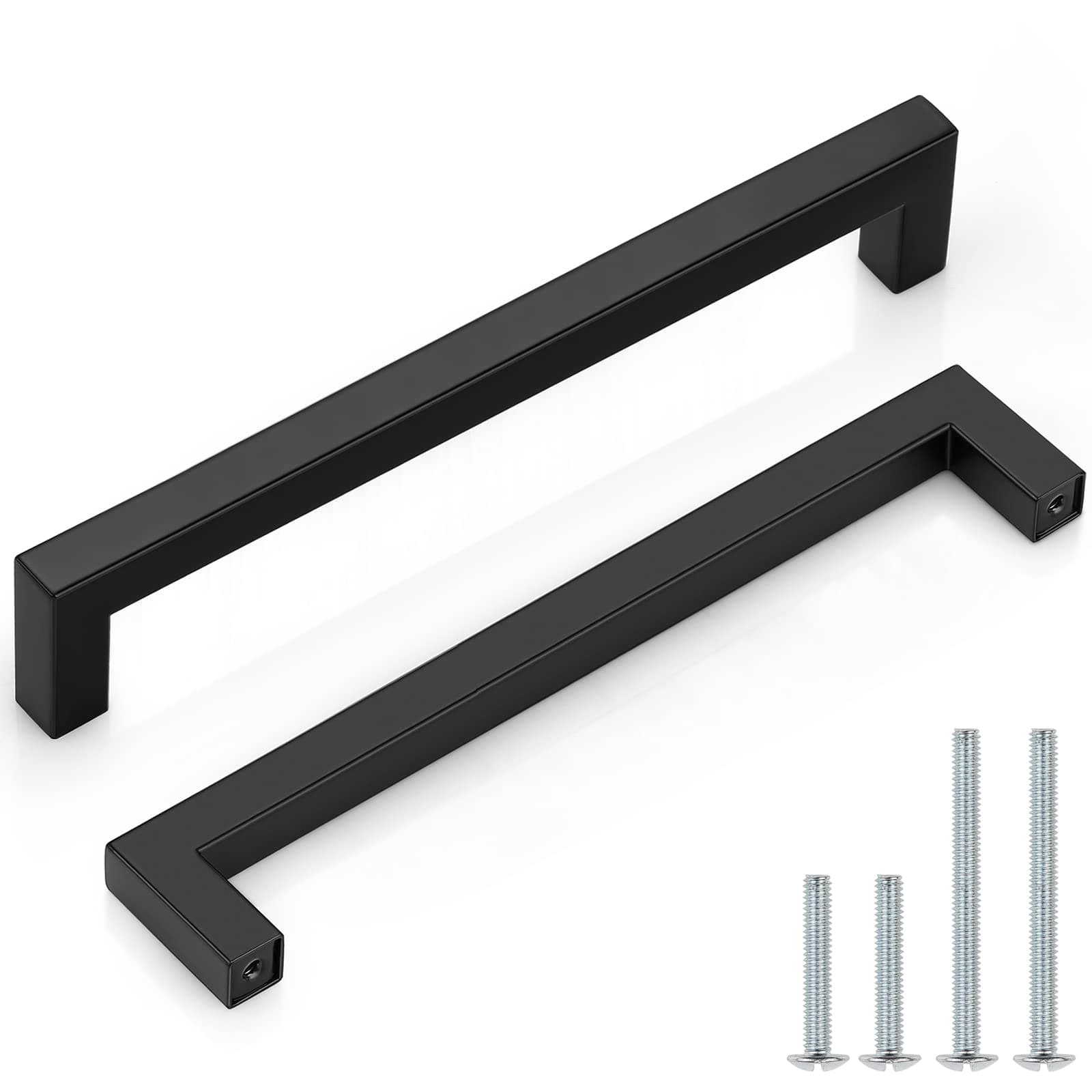 (10 Pack Square Bar Cabinet Pulls 7-1/2 inch (192mm) Hole Center Matte Black Drawer Pulls Modern Handles for Kitchen Cabinets Stainless Steel Cupboard Closet Hardware