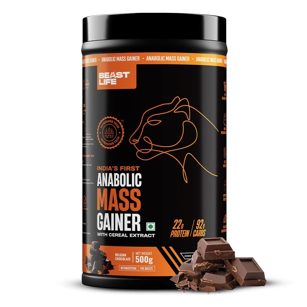 BeastLife High Protein Mass/Weight Gainer | 500 Gram | Belgian Chocolate | NABL LAB Tested | For Muscle Gain & Fast Growth | Cereal-Based Formula, No Maltodextrin | India's #1 Cereal Based Bulk Gainer