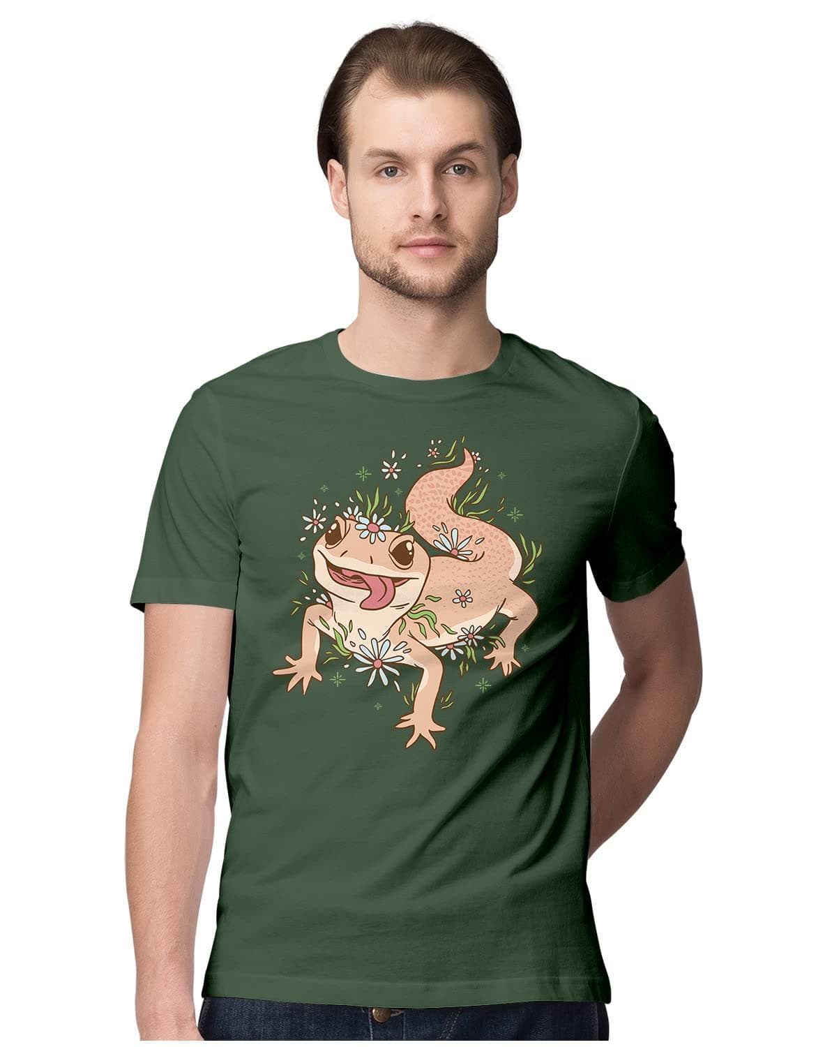 HeybrohMen's Regular Fit T-Shirt Gecko Lizard with Flowers 100% Cotton T-Shirt