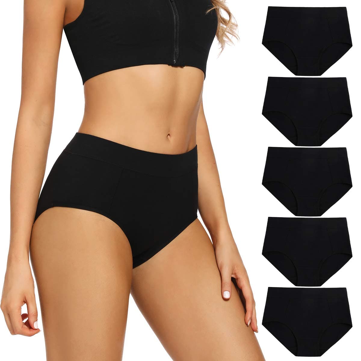 Women's Cotton Stretch Underwear Ladies Mid-high Waisted Briefs Panties 5-Pack