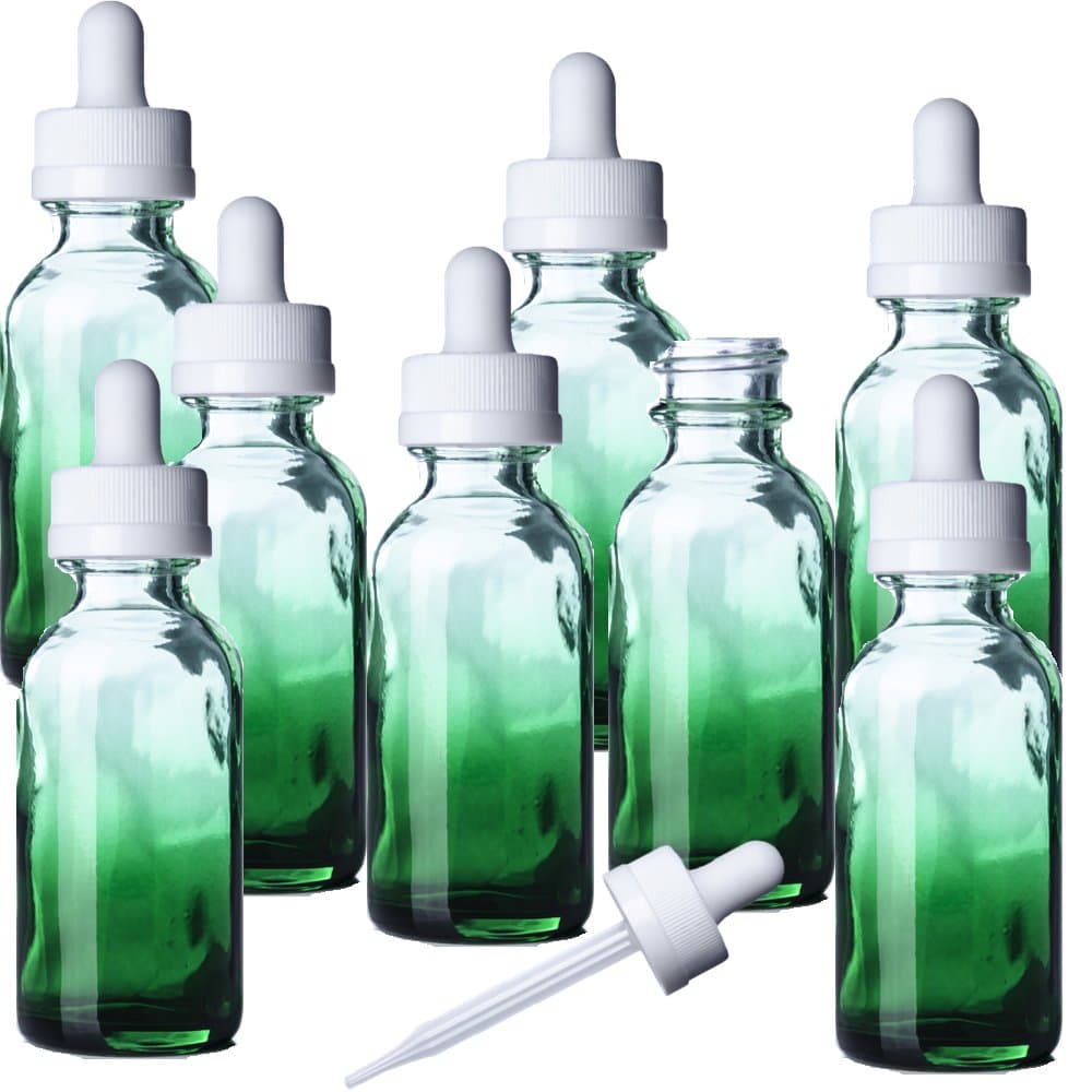 1 OZ Green Shaded Glass Boston Round Bottle Glass Pipette w/White Rubber Bulb- Pack of 8