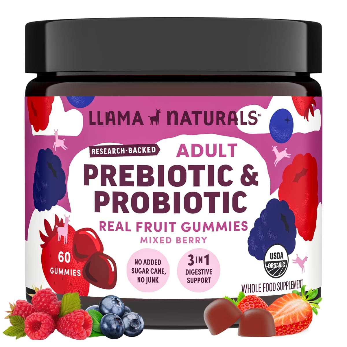 Llama Naturals Probiotics for Women and Men with Prebiotic Fiber, Vegan, Organic, Probiotic Gummies for Gut Health Support, Adults Real Fruit Gummy Vitamins, No Added Sugar Cane, Mixed Berry, 60 Ct