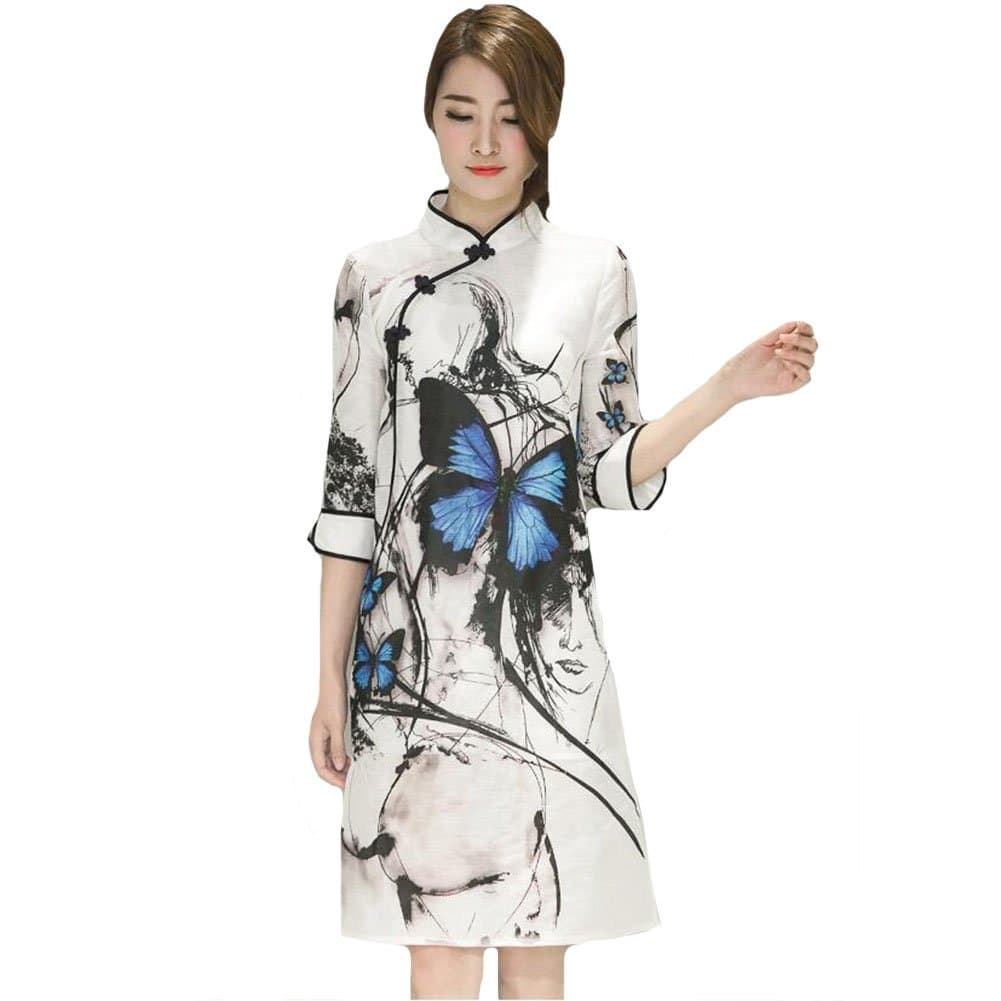 Women 3/4 Sleeve Print Chinese Collar Qipao Cheongsam Midi Dress