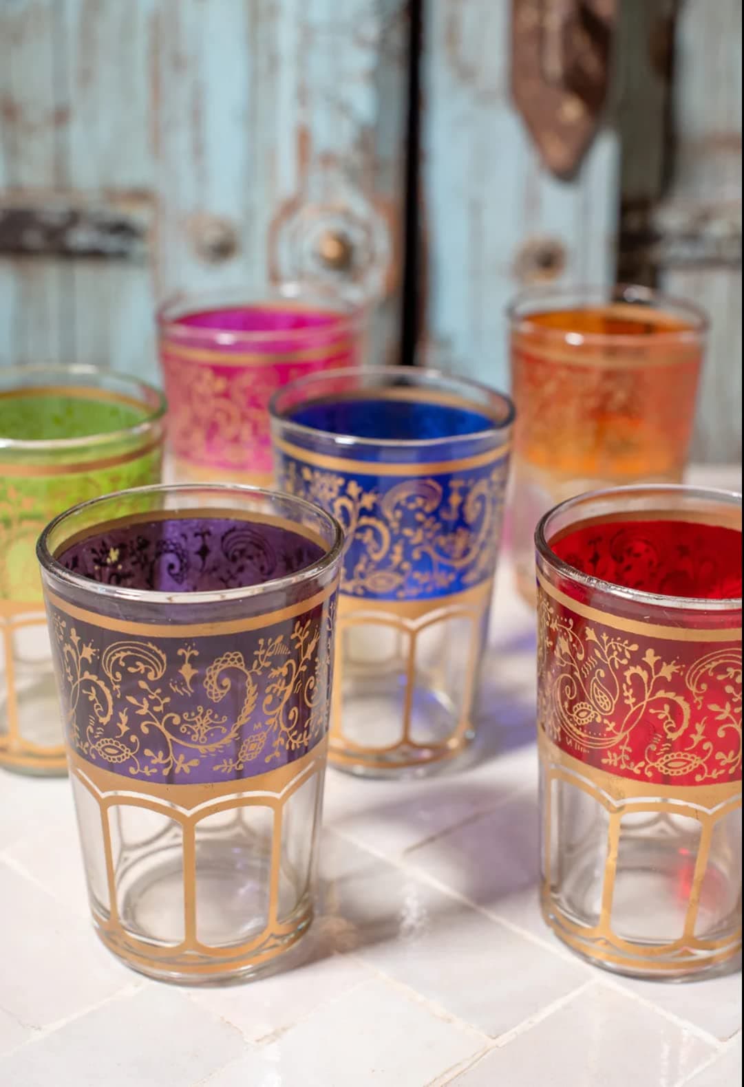 GoodGoodsLtd 6 Piece Set of Gold Accented Artisan Moroccan Tea Glasses Moroccan Tea Tumbler Glass