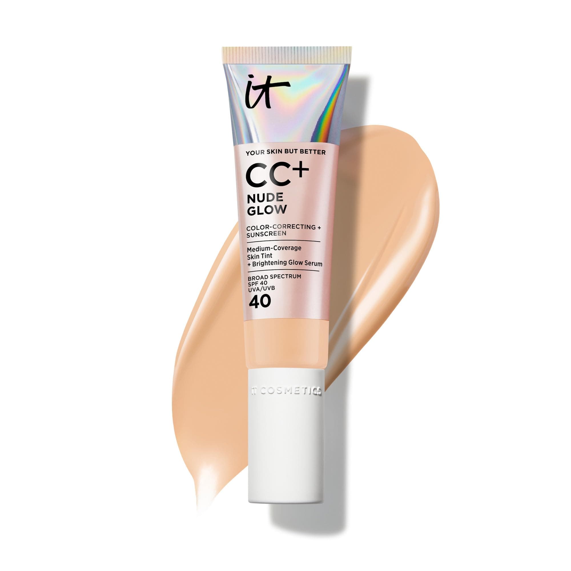 IT Cosmetics CC+ Nude Glow SPF 40 - Medium Coverage Foundation, 2% Niacinamide + Hyaluronic Acid Brightening Glow Serum, Lightweight Up to 24H Hydration, Normal to Dry & Mature Skin - 1.08 fl oz