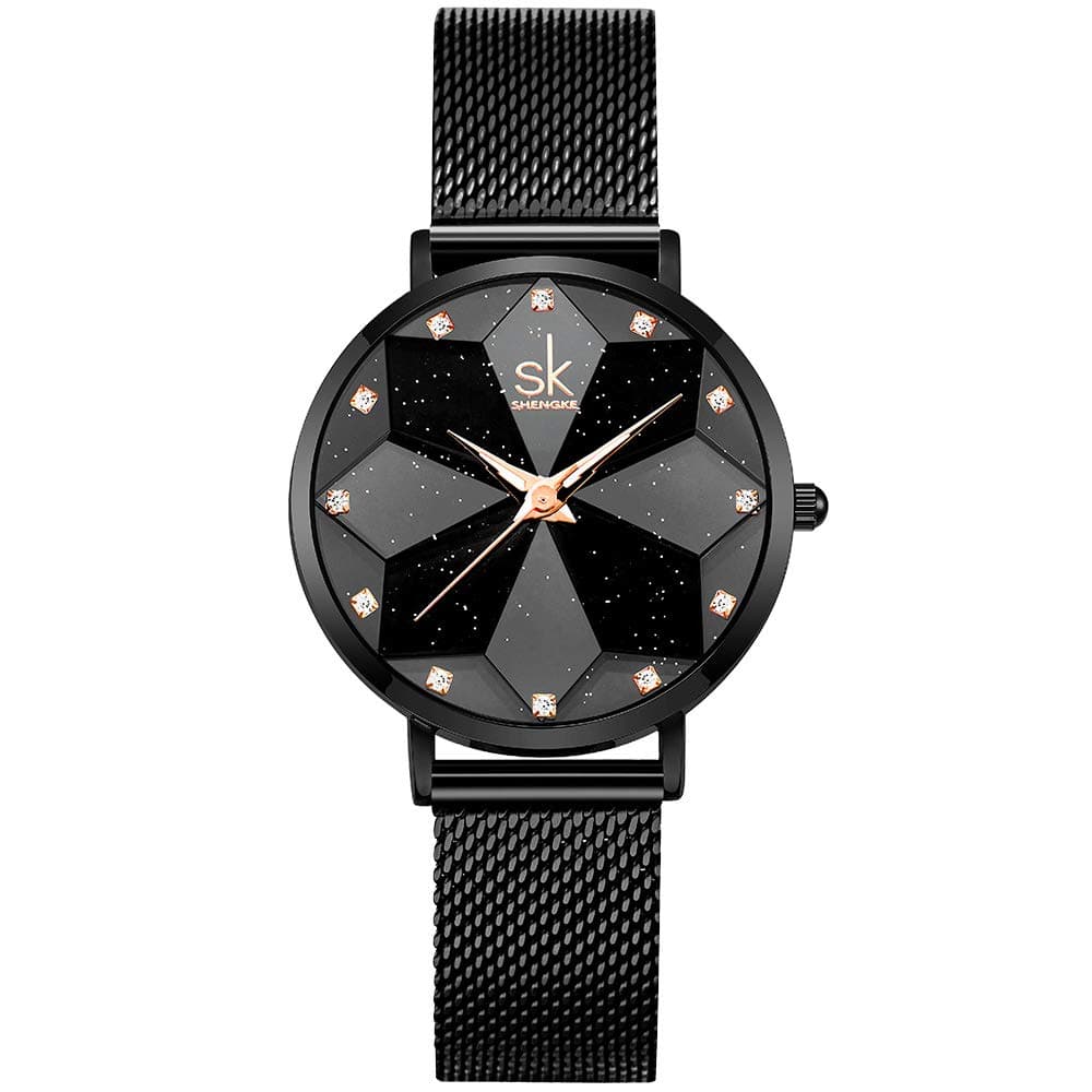 SHENGKE SK Ultra Thin Minialist Creative Starry Sky Women Watch with Genuine Leather Stainless Steel Mesh Band Floral Watch