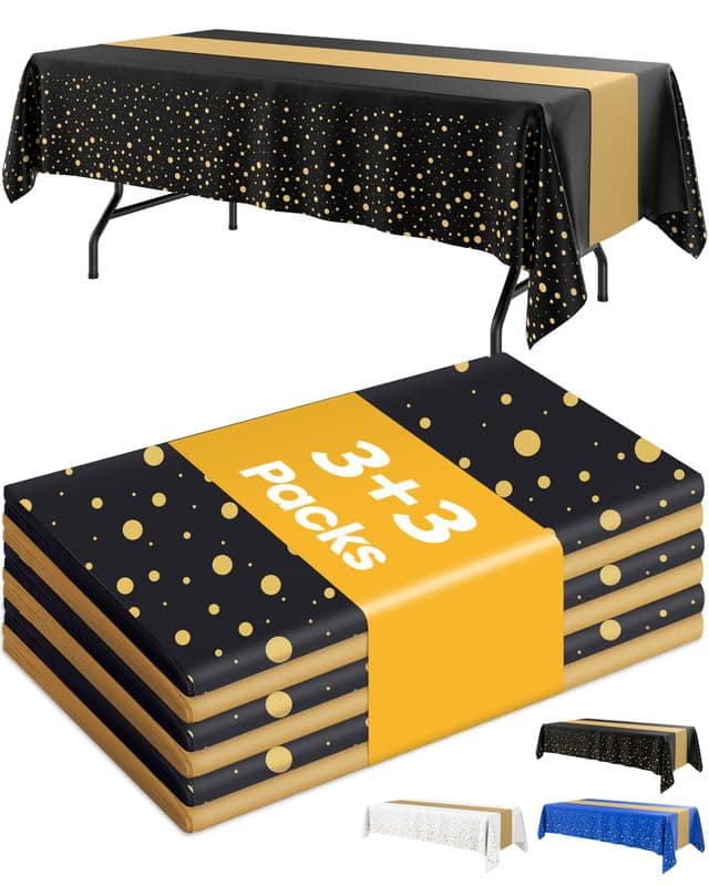 Graduation Decorations Table Cloth for Rectangle Table and Table Runner Set - 3+3 Pack, Black and Gold Plastic Tablecloth Disposable for Birthday, Wedding, Baby Shower, New Year
