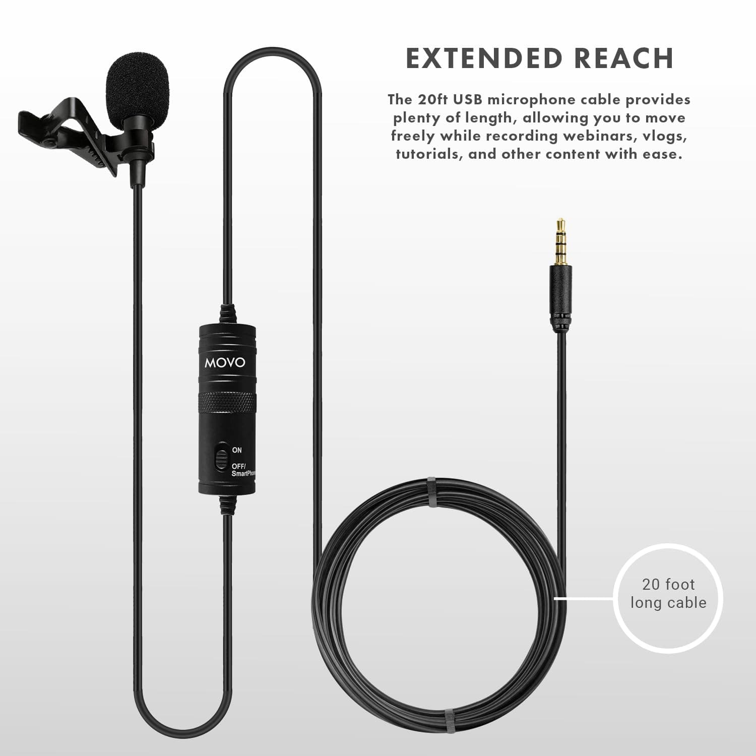Movo Universal Lavalier USB Microphone for Computer with USB adapter compatible with Laptop, Desktop, PC and Mac, Smartphones, Cameras, Podcasting, Remote Work and Laptop Microphone (20-Foot Cord)