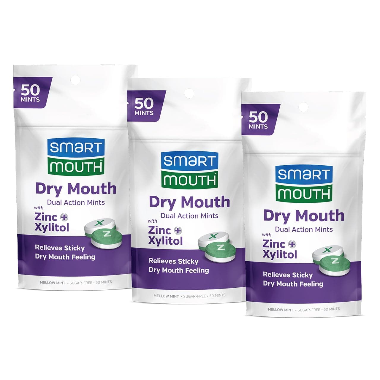 SmartMouth Dry Mouth Dual-Action Relief Mints, Breath Freshener, Sugar-Free Mint, 50 Ct, 3 Pack