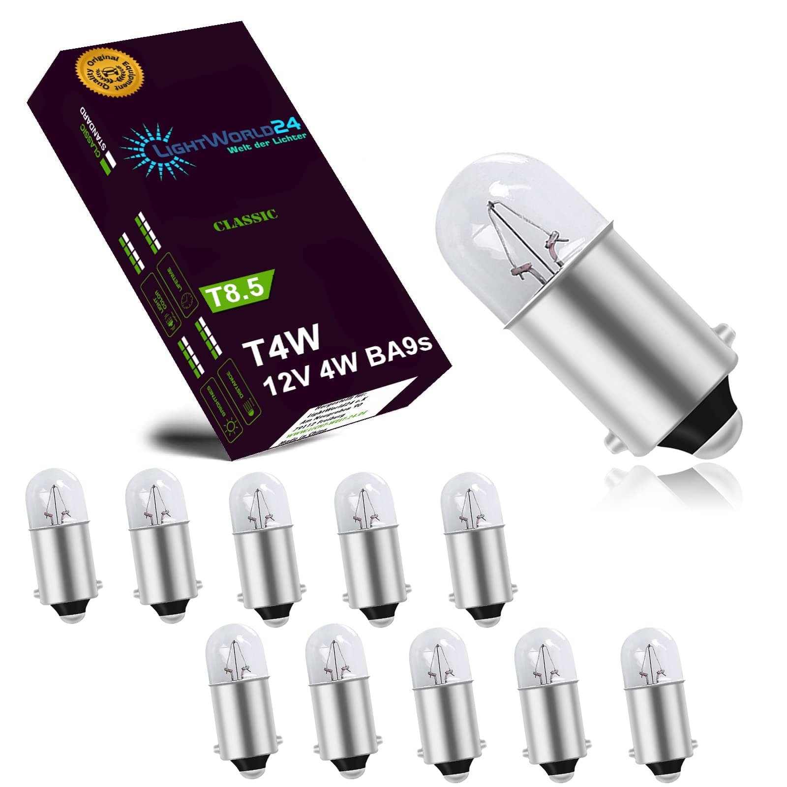 LIGHTWORLD24 Welt der Lichter 10x T4W BA9s Parking Light Bulb Car Lamp 12V 4W Bulbs Car Parking Light Interior Lighting Signal Lamp