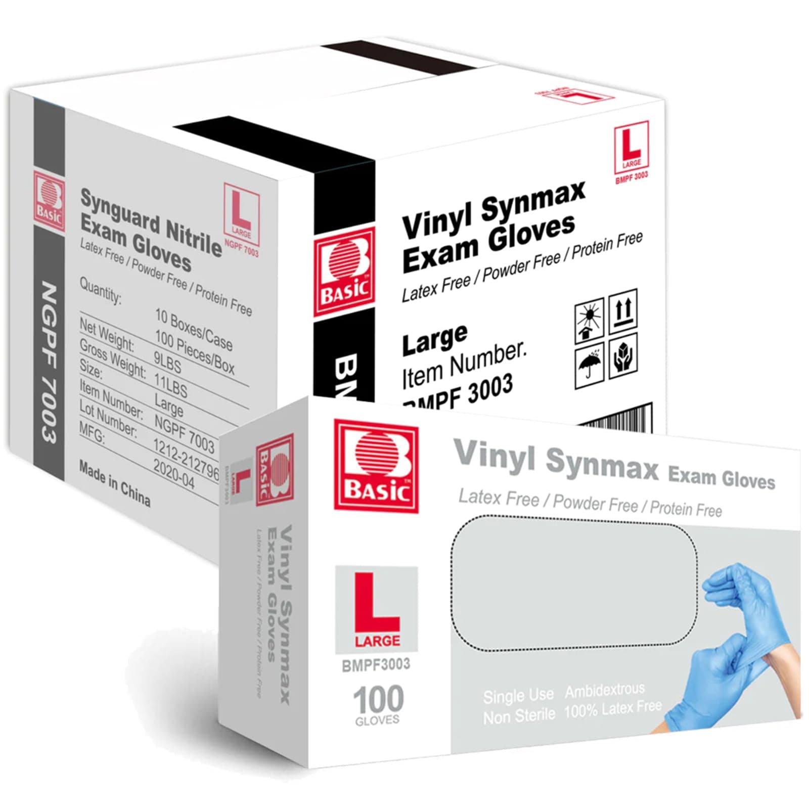 Basic Medical Synmax Vinyl Exam Gloves - Latex-Free & Powder-Free - Large, BMPF-3003(Case of 1,000)