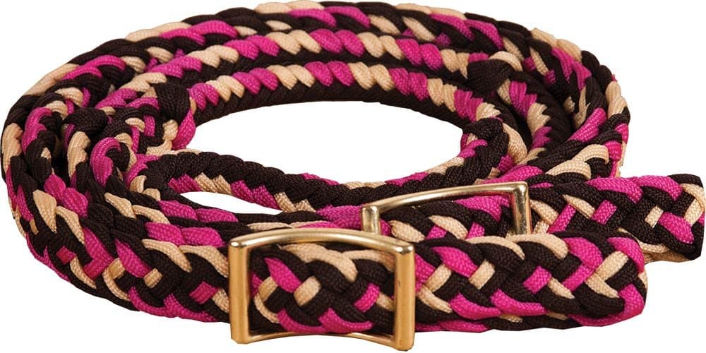 Southwestern Equine New Braided Barrel Racing Reins - Flat w/Easy Grip Knots 8ft (Brown Pink & Cream)