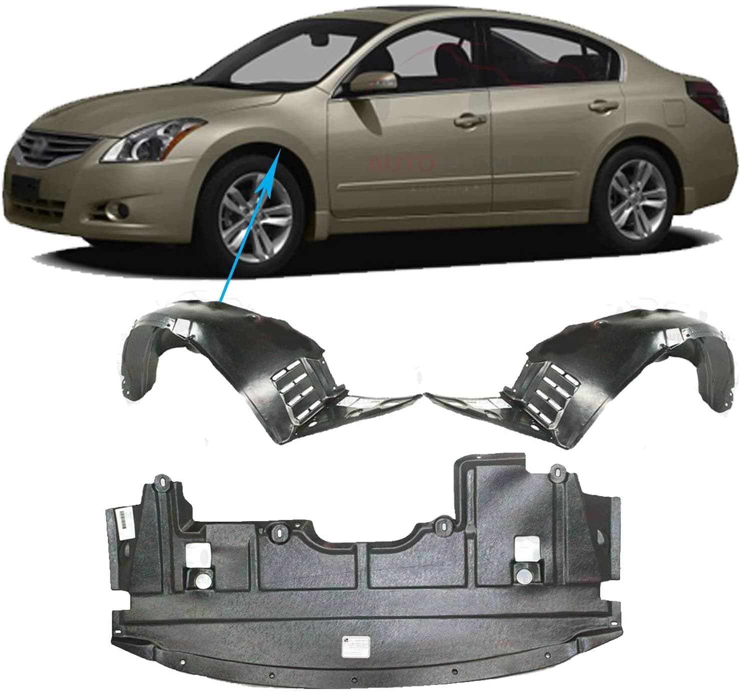 Front Fender Liners + Engine Splash Shield Under Cover For 2009-2014 Nissan Maxima Direct Replacement 75890JA00E 63843ZX70A 63842ZX70A