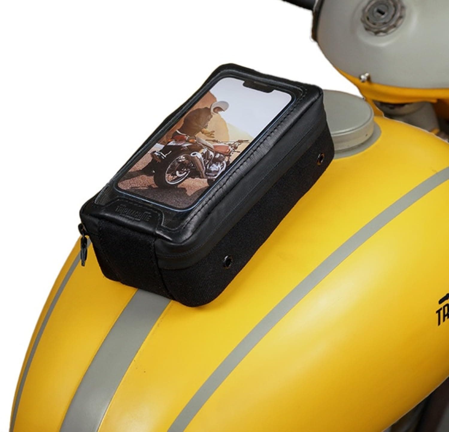Navigator Magnetic Motorcycle Tank Pouch with Touch-Friendly Phone Holder | Anti Slip Maps Navigation Pouch Compatible with Royal Enfield, Honda, Bajaj, TVS, Jawa, Triumph - All Black
