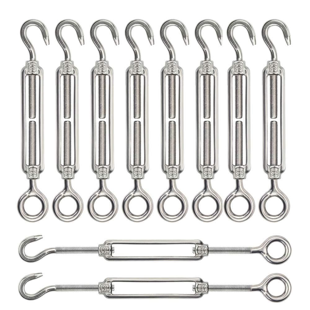 Turnbuckle Lsqurel 10PCS 304 Stainless Steel Turnbuckle Hook and Eye Heavy Duty M4 M6 M8 M10 Tensioner Adjustable Shade Sail Hardware for Tightening up Metal Cable Wire 5/32 1/4 5/16 3/8