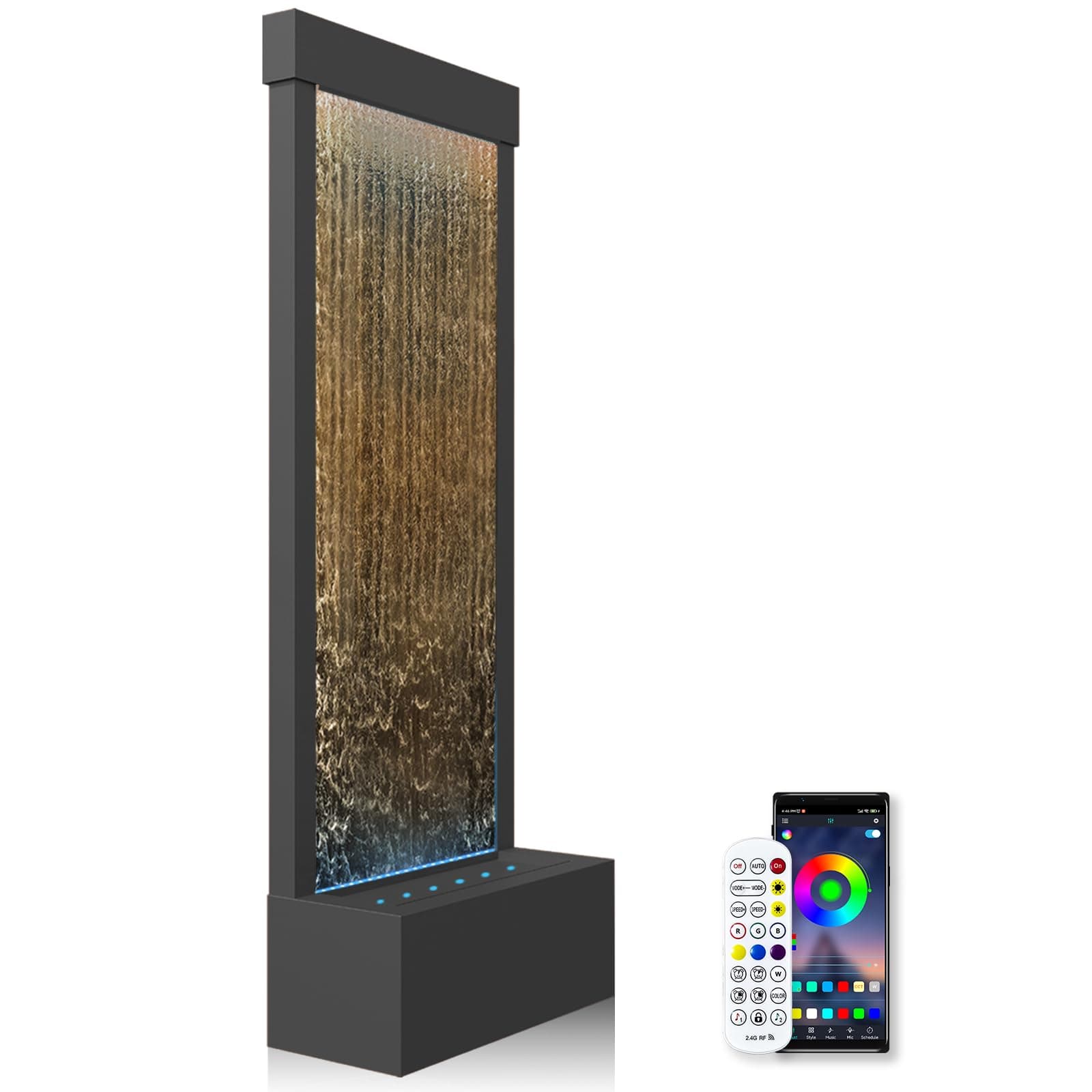 LONGRUN Indoor Water Fountain Mirror Waterfall Fountain with APP Controlled Multicolor LED Light, Floor Standing Fountains Kit, 48" Home Decor Large Freestanding Water Feature Waterfalls - Black Brown