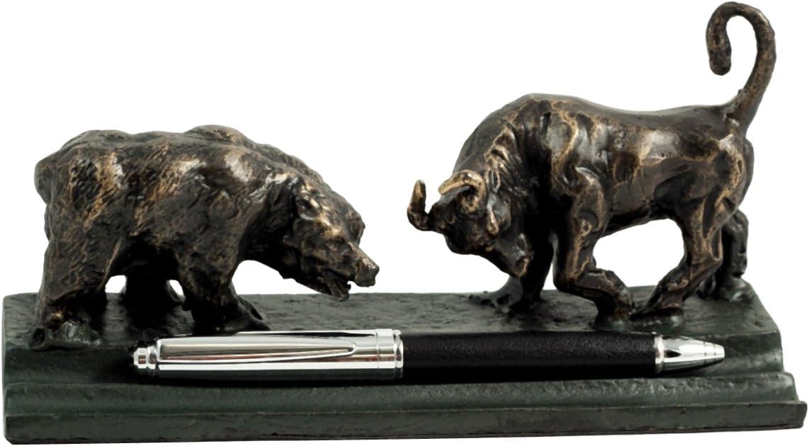 Francescaskitchen Bb Wall Street -Bronze Sculpture Bull and Bear -Double Pen Holder,Black/Bronze,3.50H X 7.50W X 2.50D