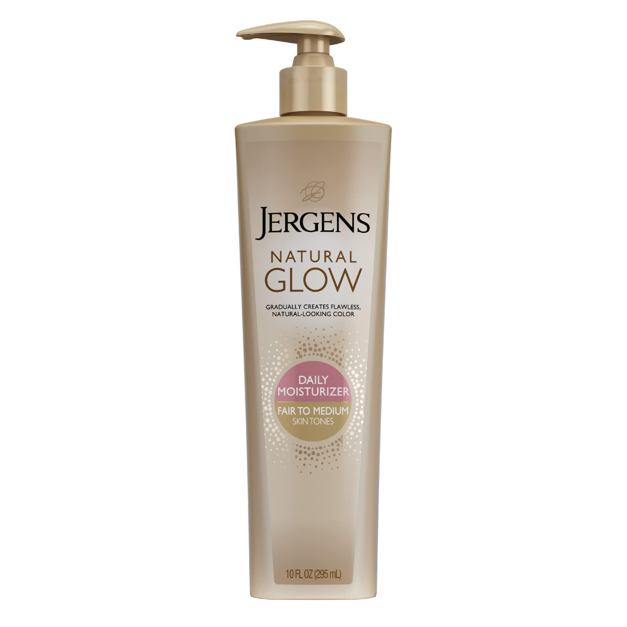 Jergens Natural Glow Sunless Tanning Lotion, Fair to Medium Skin Tone, 10 Ounce Daily Moisturizer Pump, featuring Antioxidants and Vitamin E