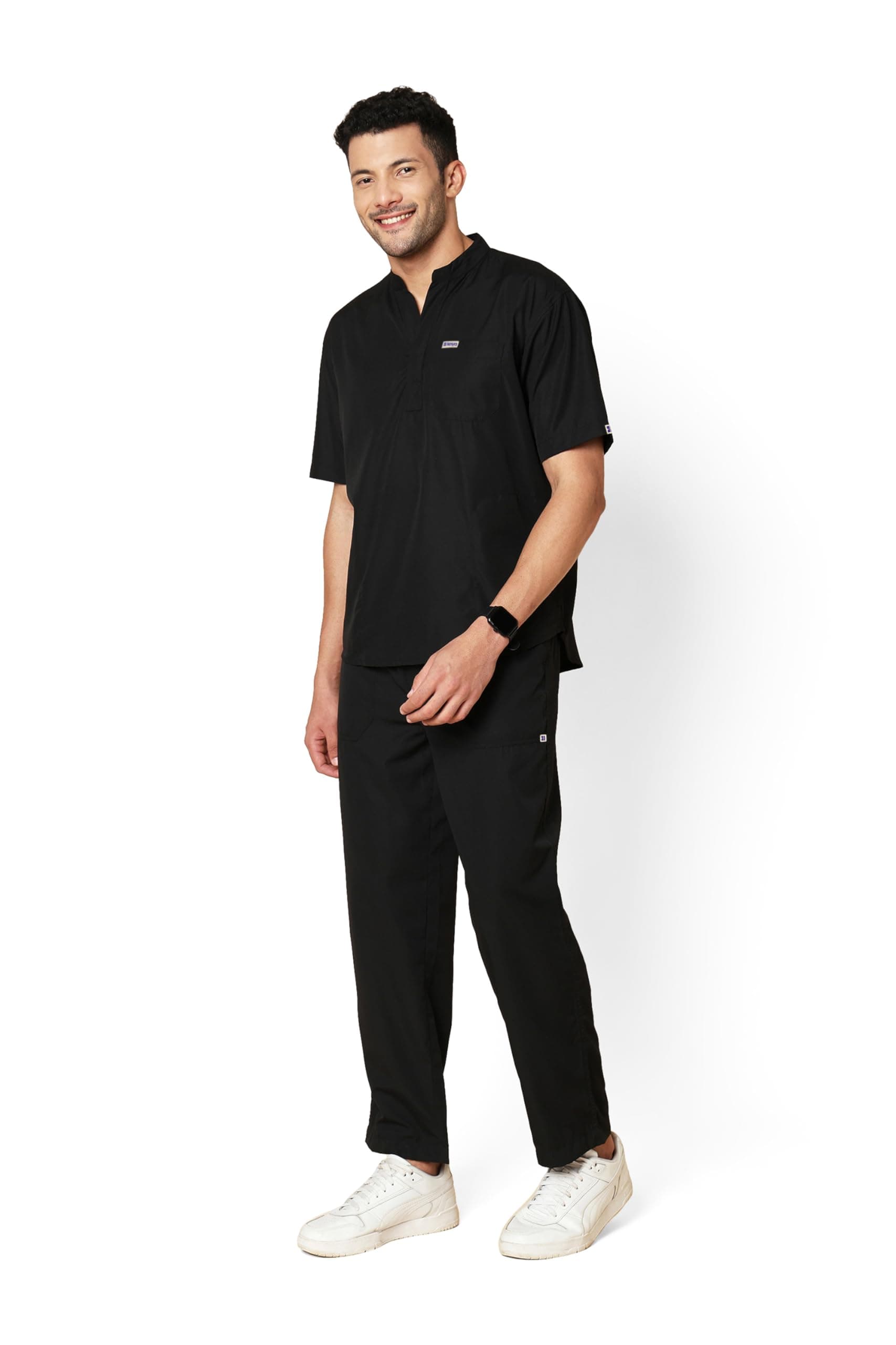 Knya Classic Men's 5-Pocket Mandarin Collar Scrub Suit| Regular fit | Short Sleeves | For Doctors | (L, BLACK)