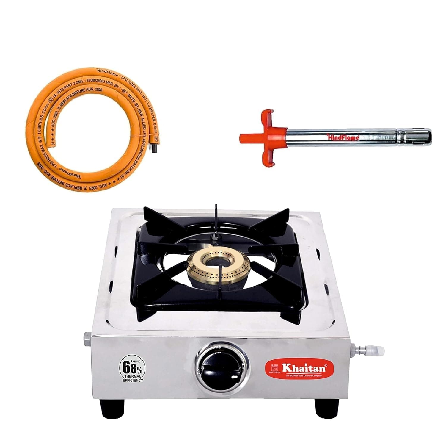 - Combo - 1 unit Khaitan 1 Burner Classic Stainless Steel Manual Gas Stove+ 1 unit HF Kitchen Lighter + 1 unit HF LPG Hose Pipe (1.5 mtr) (1 Bur (1B Classic & Hose Pipe, Lighter Combo)
