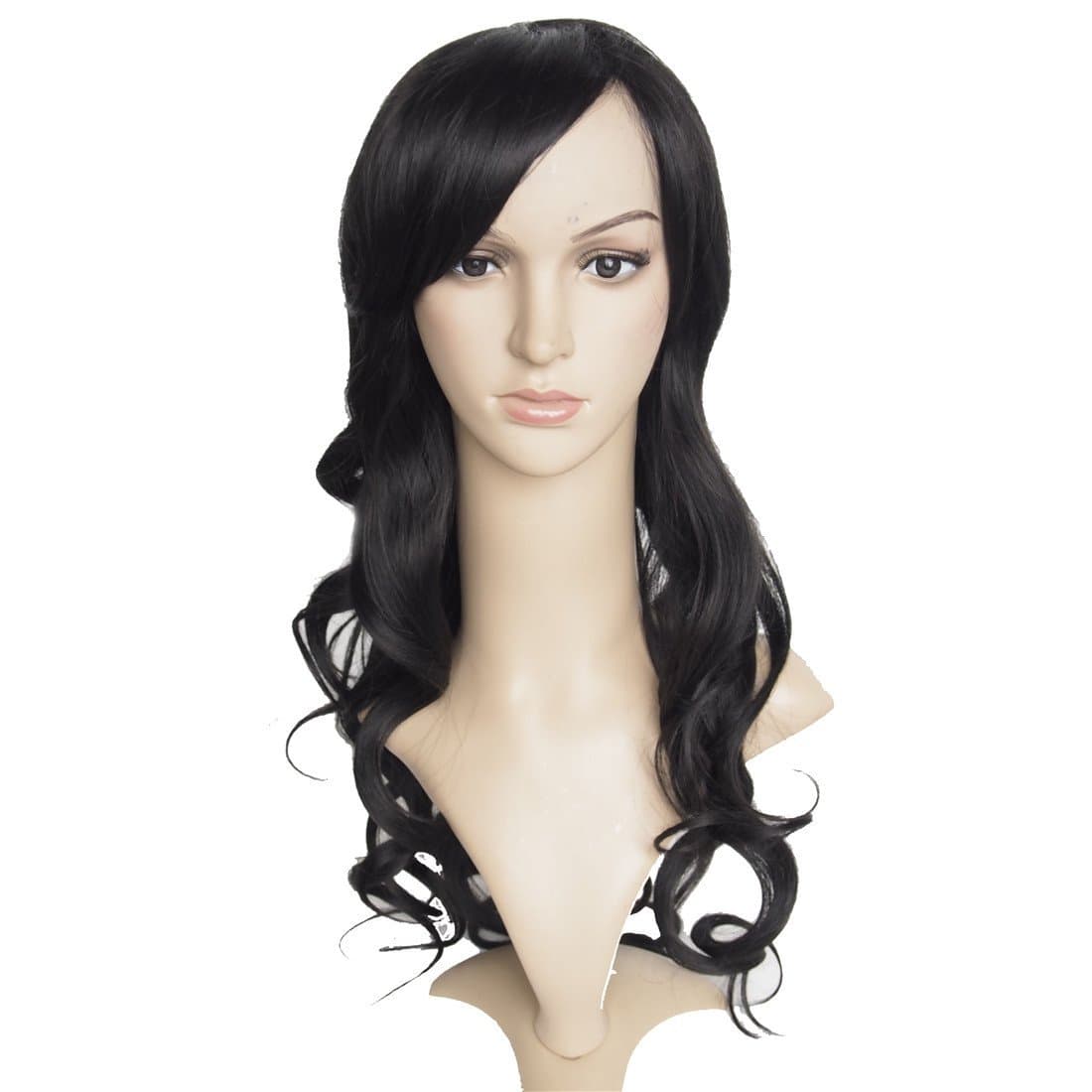 Angel Wave(TM) 26 Inch Long Spiral Curly Hair Wig Synthetic Wigs Side Swept Bangs Cosplay Costume Wig(Black)