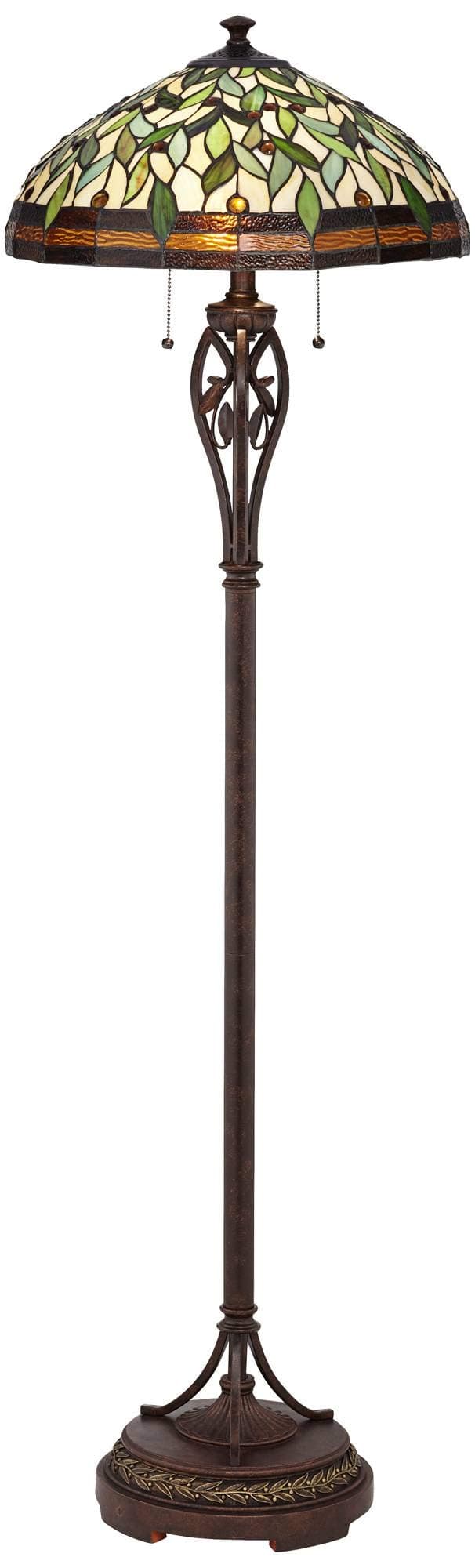 Robert Louis Tiffany Leaf and Vine II Traditional Victorian Tiffany Style Floor Standing Lamp 60" Tall Bronze Gold Amber Green Stained Glass Dome Shade Cottage Core Decor for Living Room Reading