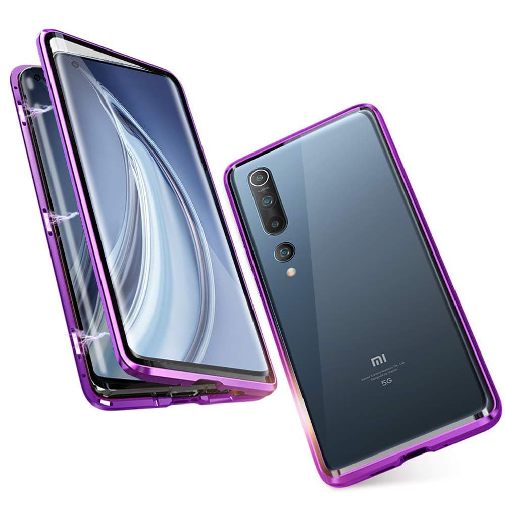 Case for Xiaomi Mi 10 / Mi 10 Pro Magnetic Adsorption Cover 360 Degree Protection Aluminum Frame Tempered Glass Powerful Magnet Shockproof Metal Flip Cover - Purple