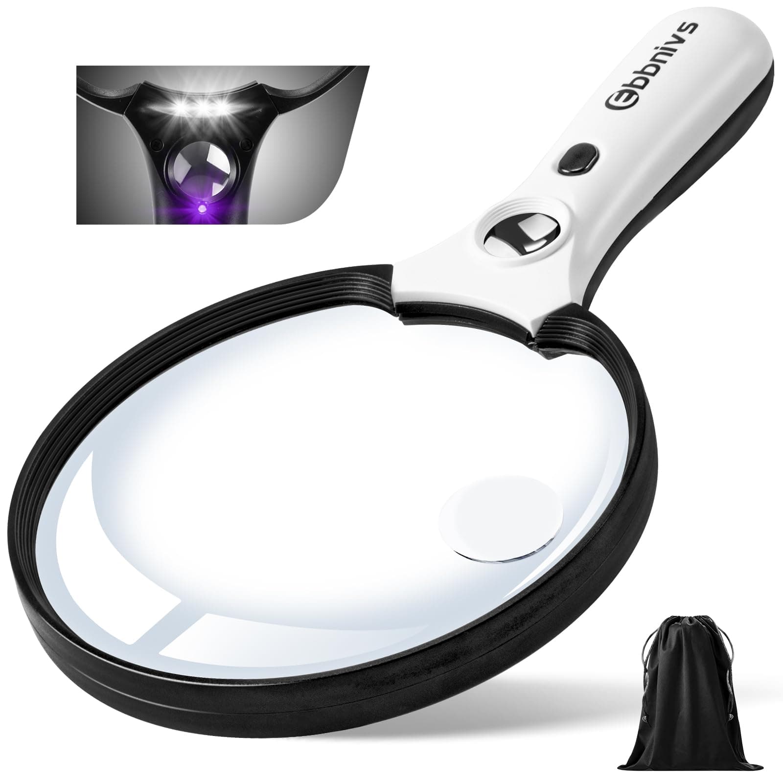 Large Magnifying Glass with Light, Magnifier 10X 25X 45X Handheld Illuminated Lighted Magnifier with 3 LED Lights 1UV Light Storage Bag Clean Cloth for Seniors Reading Inspection