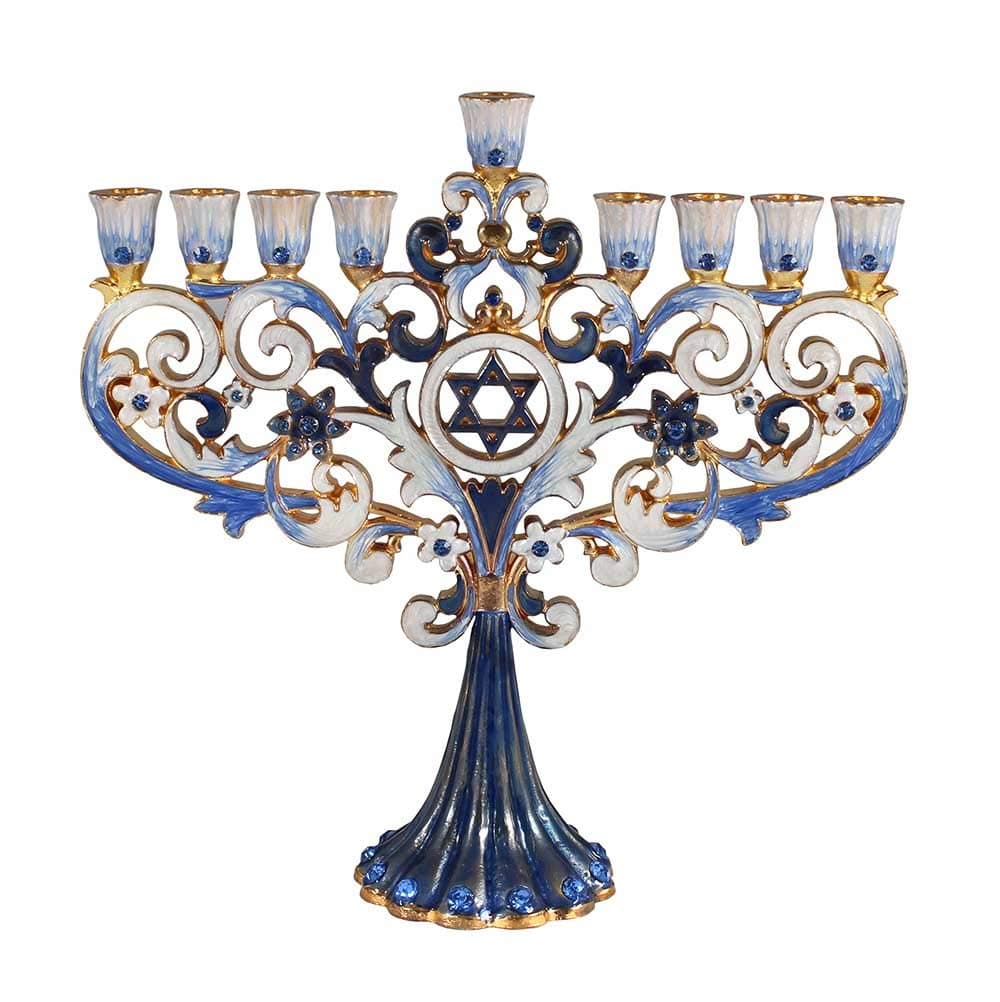 Artistic Chanukah Candle Menorah Elegantly Jeweled and Gold Plated Tree Fleur De Lis Menora for Hanukkah (Classic Blue) in Elegant Gift Box by Zion Judaica