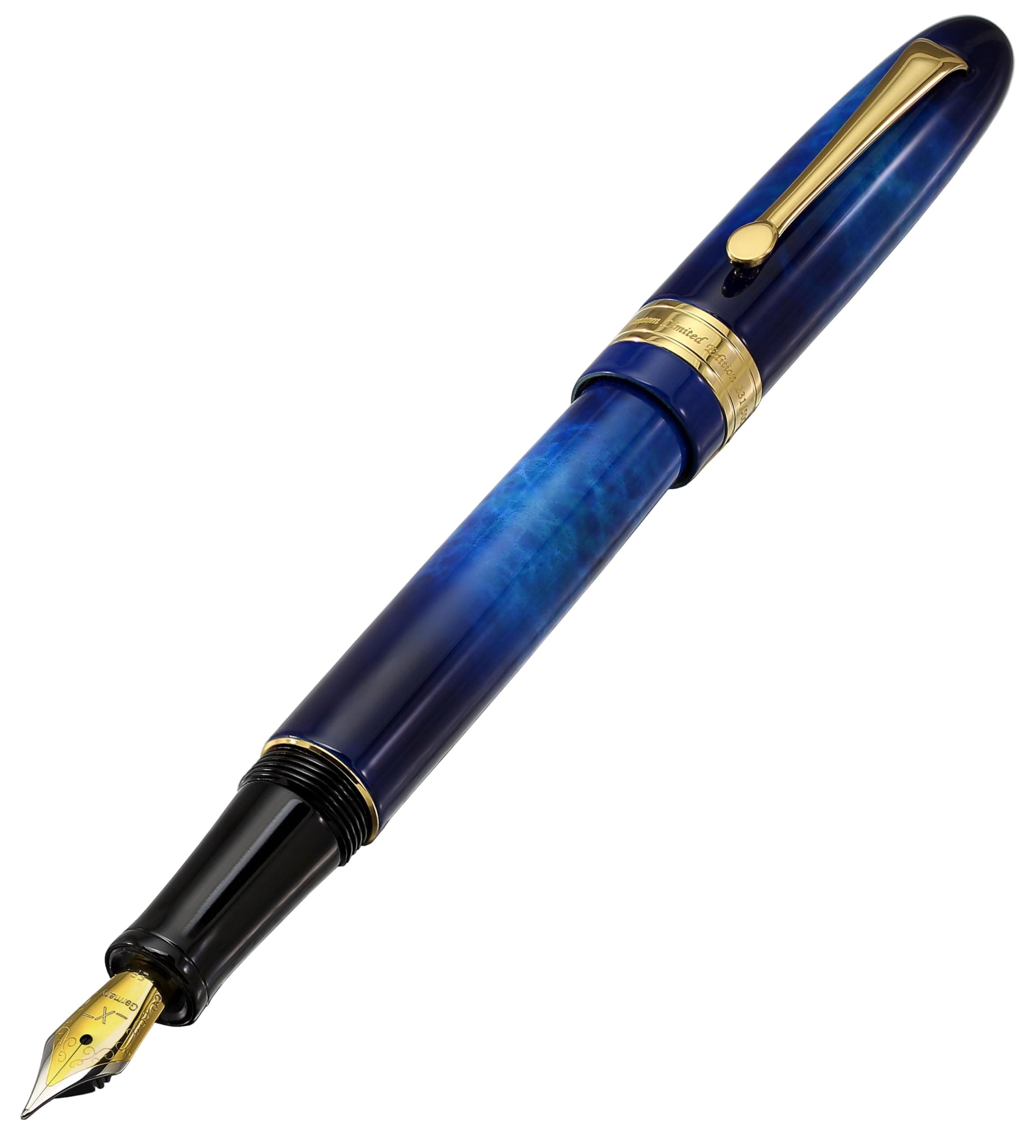Xezo Extra Fine Nib Fountain Brass Pen, Hand-Enameled, Screw-On Cap, 18-Karat Gold Plated (Phantom Stardust F). No Two Alike, Blue