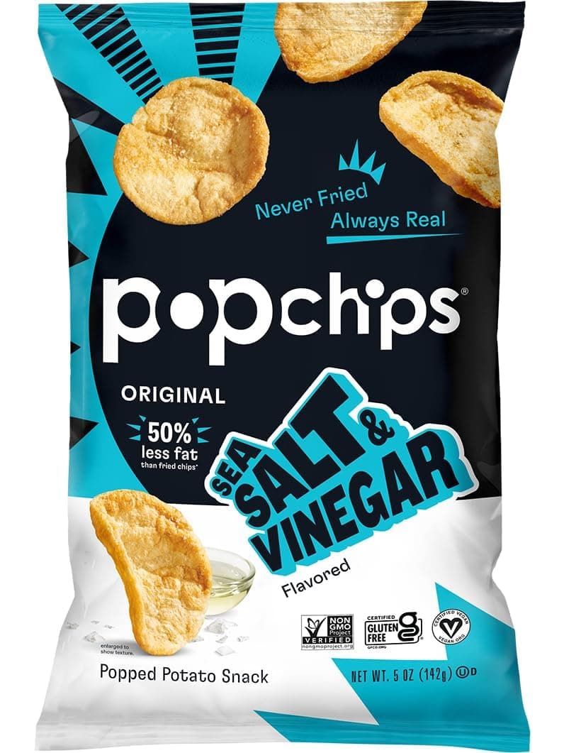 Popchips Potato Chips, Sea Salt & Vinegar, 5.0 oz. Share Bags, Low-Calorie, Gluten Free, Salty Snacks for Adults and Children, Non-GMO, Vegan & Kosher Friendly, 130 Calories Per Serving