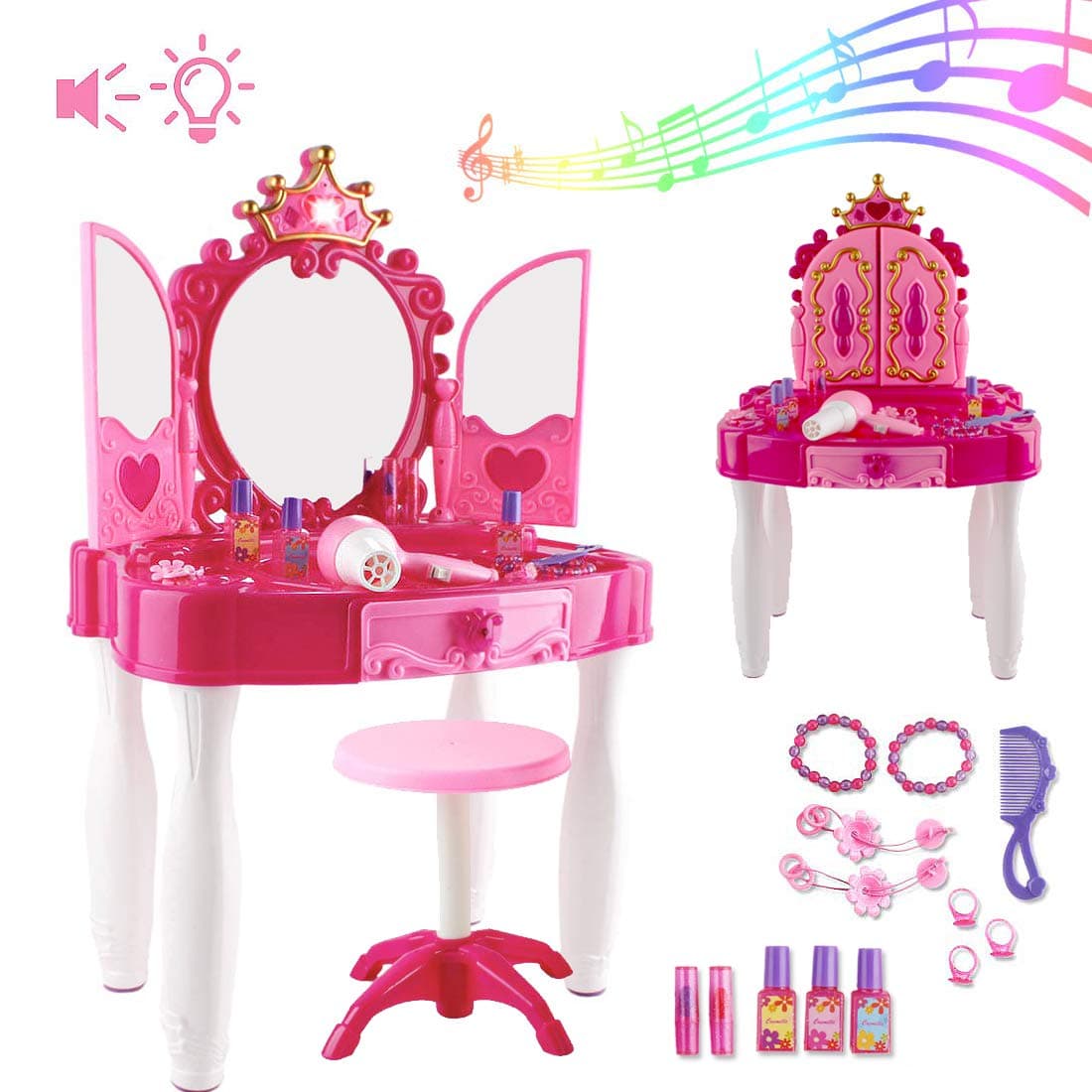deAO Beauty Play Set with Dressing Table and Mirror Glamour; Makeup Accessories; Stool; Light and Music Function - Great Gift