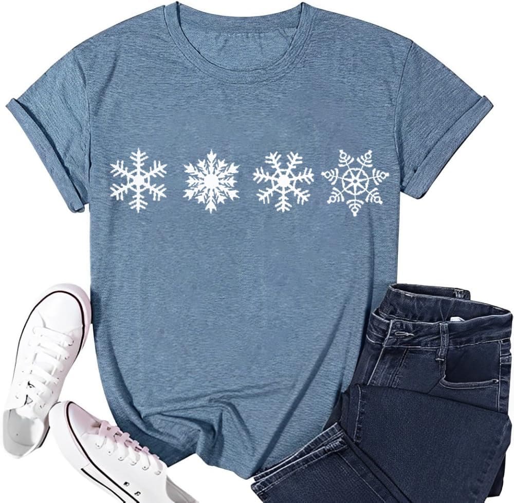 Merry Christmas Shirts for Women Funny Snowflake Graphic Print Holiday T Shirt Winter Casual Short Sleeve Xmas Tee Tops