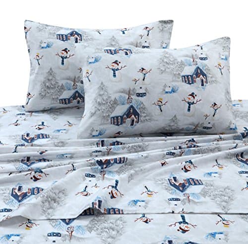 Tribeca Living 100% Cotton Flannel Sheet Set - Deep Pocket, 170-GSM, Ultra Soft & Cozy Bedding for Winter, King, Snowman Navy/Red