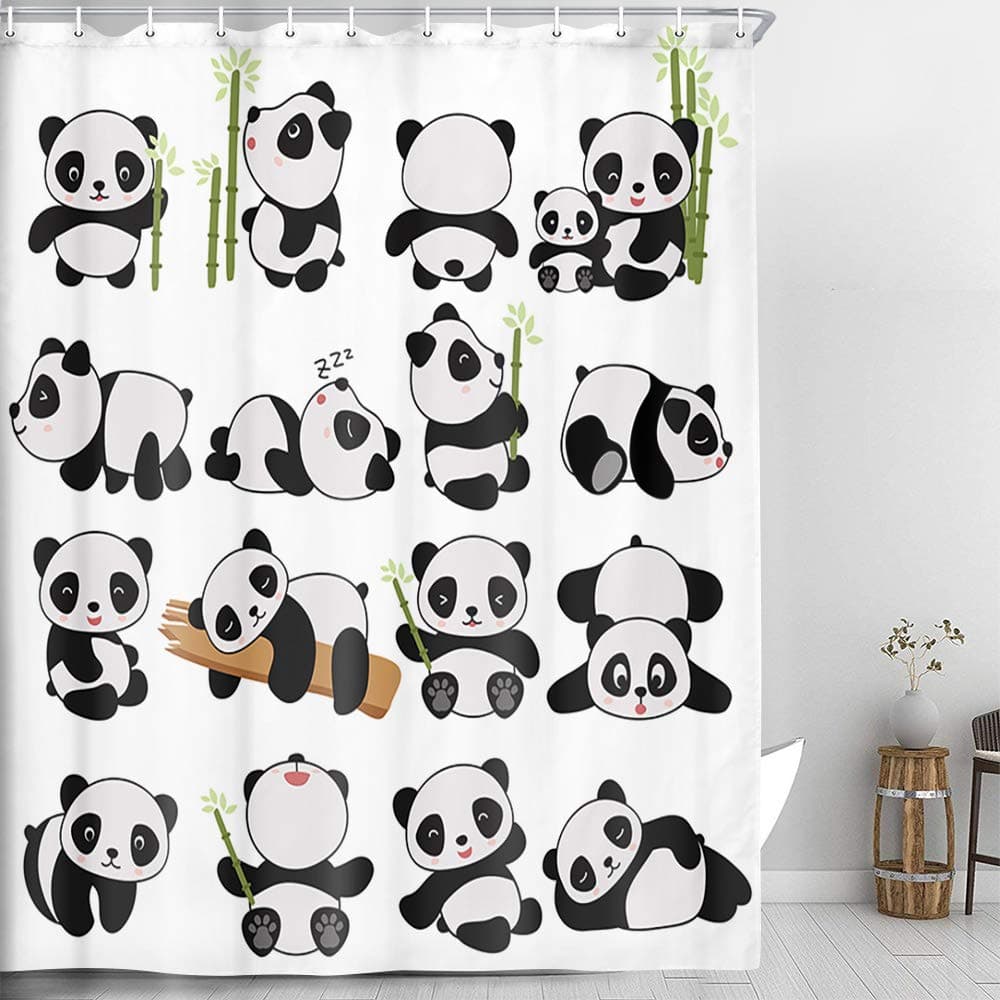 Cute Panda Shower Curtain for Kids Bathroom, Black White Animal Panda with Green Bamboo Children Bathroom Curtains, Waterproof Fabric Shower Curtain Sets with Hooks