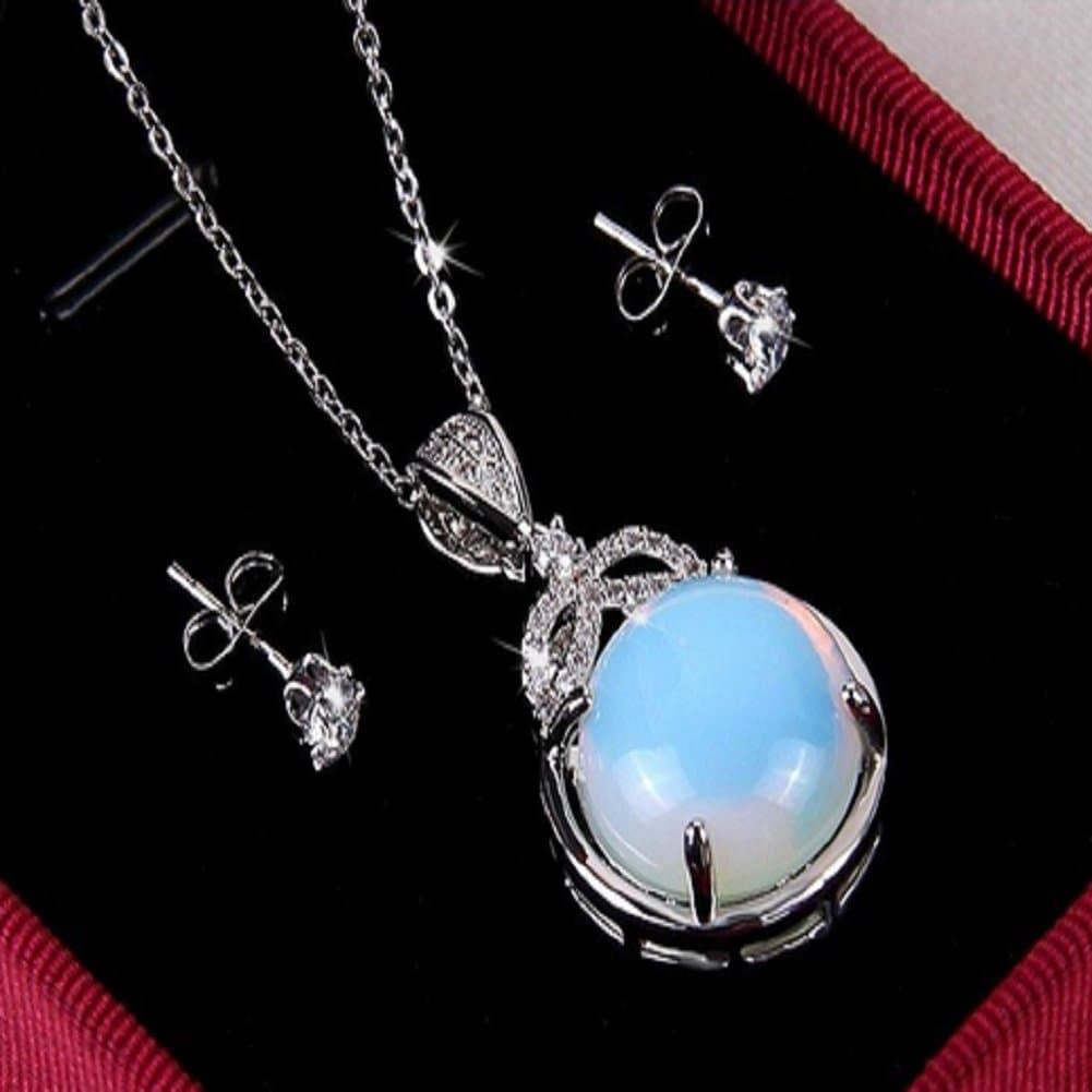 Natural Stone Blue Opal Jewerly Set Silver Zircon Earrings Women Necklace Set Valentine's Day